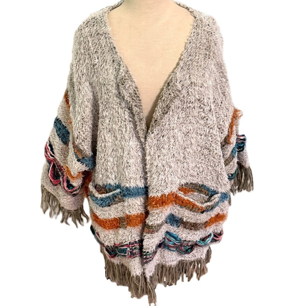 World Market Shaggy Chunky Knit Fringe Cardigan Sweater OS Grey Western Boho